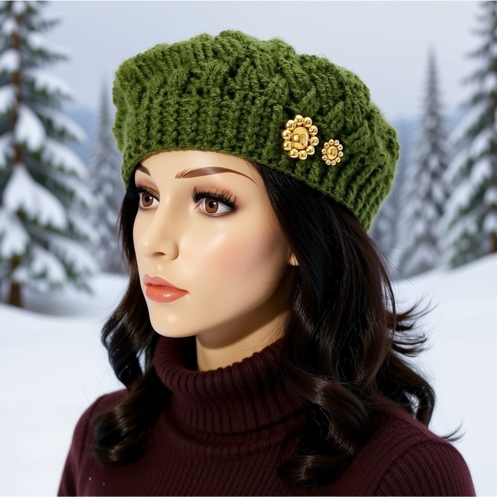 Beautiful New Handmade Women's Knit warm Winter Hat/Beret. Olive Green.